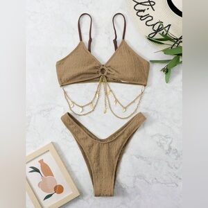Elegant Tan Bikini with Gold Chain Detail
